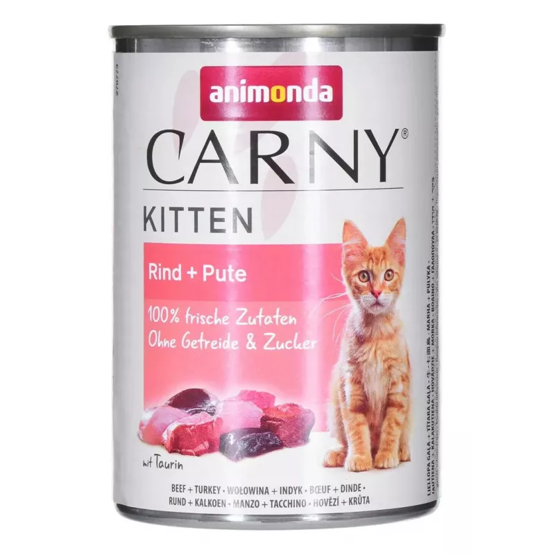 Märg kassitoit Animonda Carny Kitten veise- ja kalkunilihaga 400 g purk, 80% niiskust, 10,5% valku, noortele kassipoegadele