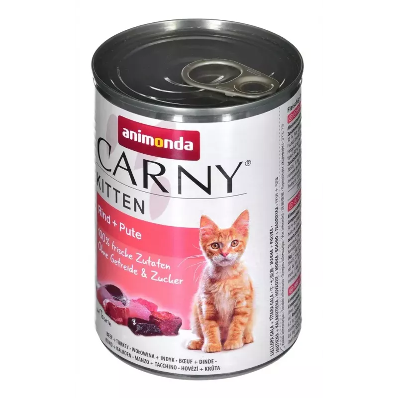 Märg kassitoit Animonda Carny Kitten veise- ja kalkunilihaga 400 g purk, 80% niiskust, 10,5% valku, noortele kassipoegadele