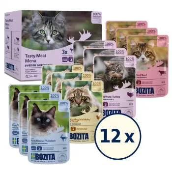 Märg kassitoit BOZITA 85 g kotike — veiseliha, kana, hirv, kalkun, teraviljavaba, täiskasvanud kassidele, 12×85g pakk