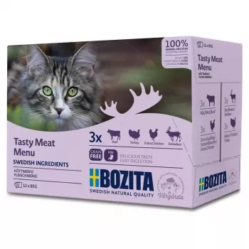 Märg kassitoit BOZITA 85 g kotike — veiseliha, kana, hirv, kalkun, teraviljavaba, täiskasvanud kassidele, 12×85g pakk
