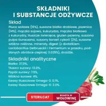 Kuiv kassitoit Purina Nestlé One Sterilcat Veiseliha 9,75 kg — täiskasvanud steriliseeritud kassidele, 37% valku