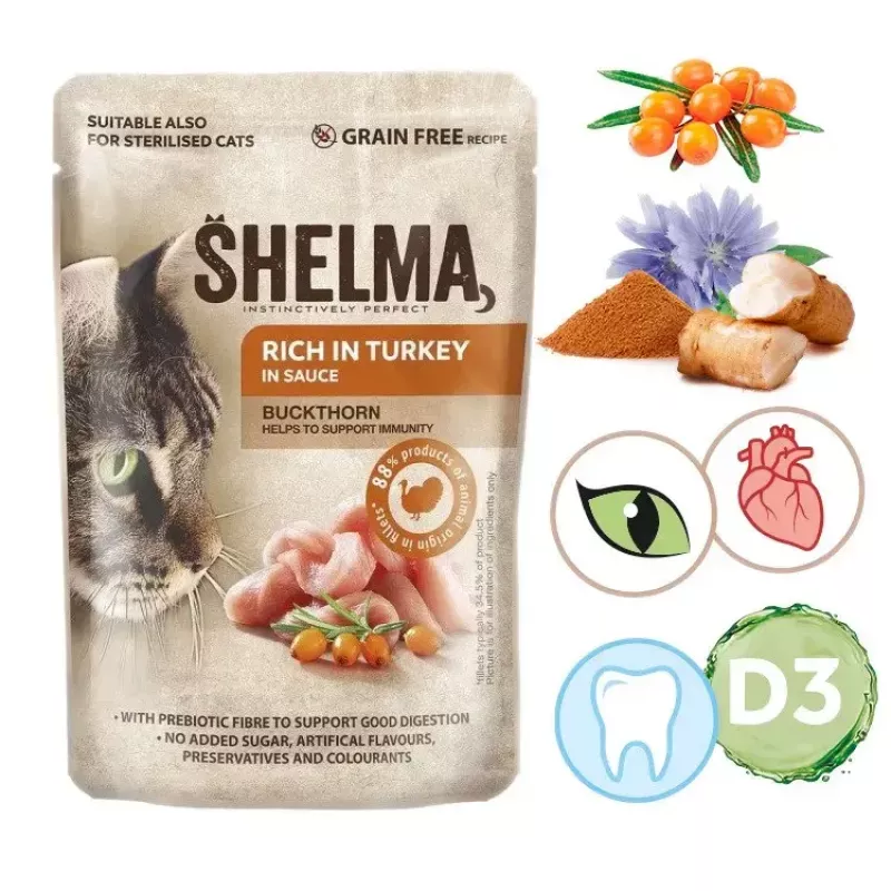 Märg kassitoit SHELMA Rich in turkey kastmes 85 g — täiskasvanud, gluteenivaba, sobib toiduallergiate korral