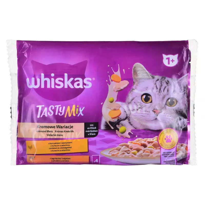 Märg kassitoit Whiskas 85 g kotike, täiskasvanud kassidele, 4 x 85 g, kana/lamba maitse, niiskus 83,5%, valk 7%