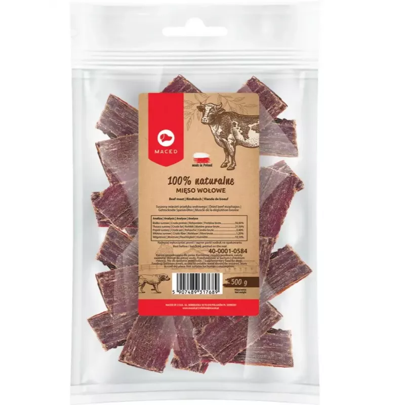 Märg koeratoit MACED veiseliha 100% Nature, 500 g — täiskasvanud koerad, valk 56,9%, rasv 21,5%, niiskus 10,1%