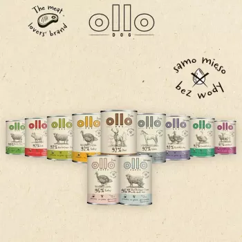 Märg koeratoit OLLO Pure Pork 850 g — täisväärtuslik täiskasvanud koerte märgtoit, monovalk, 17% valku, 11,5% rasva, 63% niiskust
