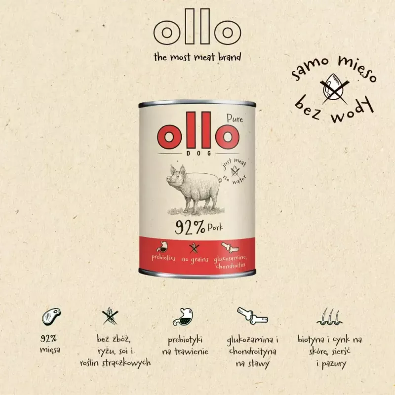 Märg koeratoit OLLO Pure Pork 850 g — täisväärtuslik täiskasvanud koerte märgtoit, monovalk, 17% valku, 11,5% rasva, 63% niiskust