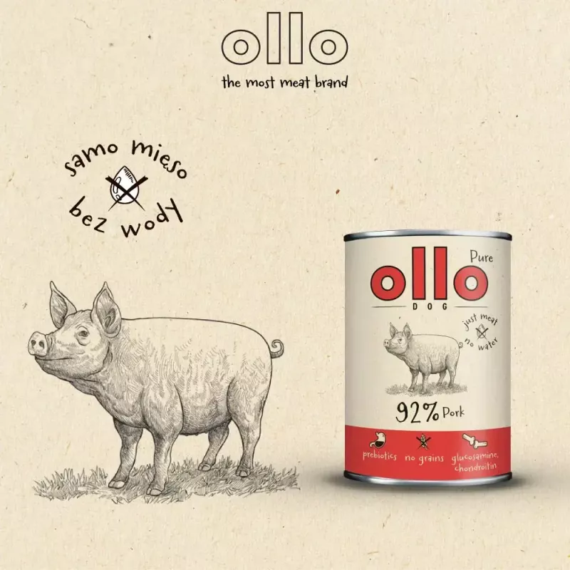 Märg koeratoit OLLO Pure Pork 850 g — täisväärtuslik täiskasvanud koerte märgtoit, monovalk, 17% valku, 11,5% rasva, 63% niiskust
