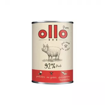 Märg koeratoit OLLO Pure Pork 850 g — täisväärtuslik täiskasvanud koerte märgtoit, monovalk, 17% valku, 11,5% rasva, 63% niiskust