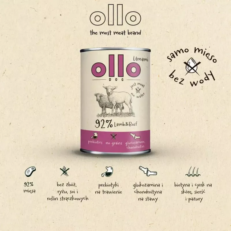 Märg koeratoit OLLO Umami Lamb and Beef 850 g — täiskasvanud, teraviljavaba, gluteeni- ja sojavaba