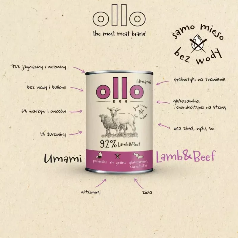 Märg koeratoit OLLO Umami Lamb and Beef 850 g — täiskasvanud, teraviljavaba, gluteeni- ja sojavaba