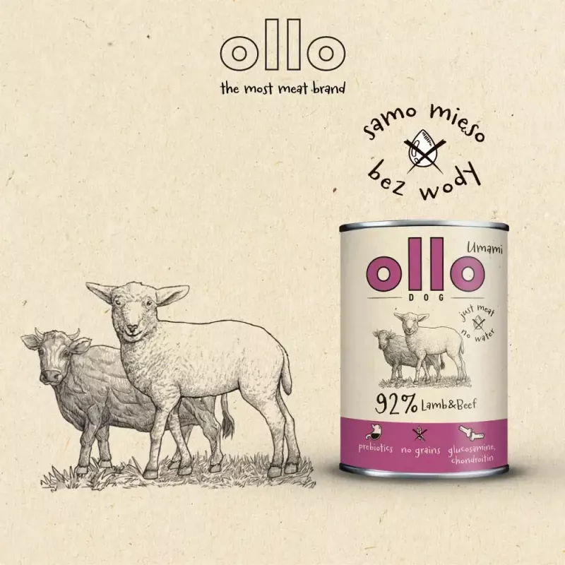 Märg koeratoit OLLO Umami Lamb and Beef 850 g — täiskasvanud, teraviljavaba, gluteeni- ja sojavaba