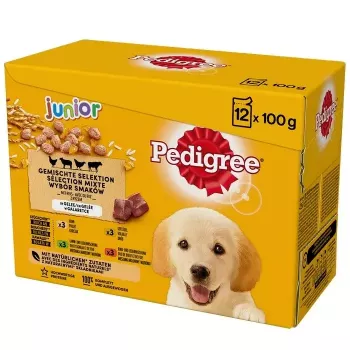 Märg koeratoit Pedigree Junior Selection Mix 12×100g — kutsikate märgtoit, 12 kotti (100 g), niiskus 80,5%, valk 8,5%, rasv 6%