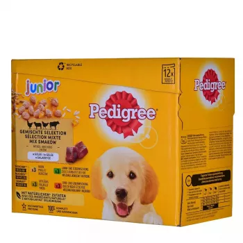 Märg koeratoit Pedigree Junior Selection Mix 12×100g — kutsikate märgtoit, 12 kotti (100 g), niiskus 80,5%, valk 8,5%, rasv 6%