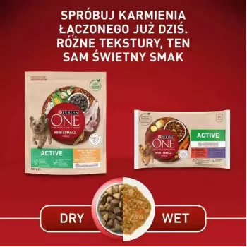 Märg koeratoit Purina Nestlé One Mini/Small Active Veiseliha 85 g — märgtoit väikest tõugu täiskasvanud koertele, 76,4% niiskust, 12,5% valku