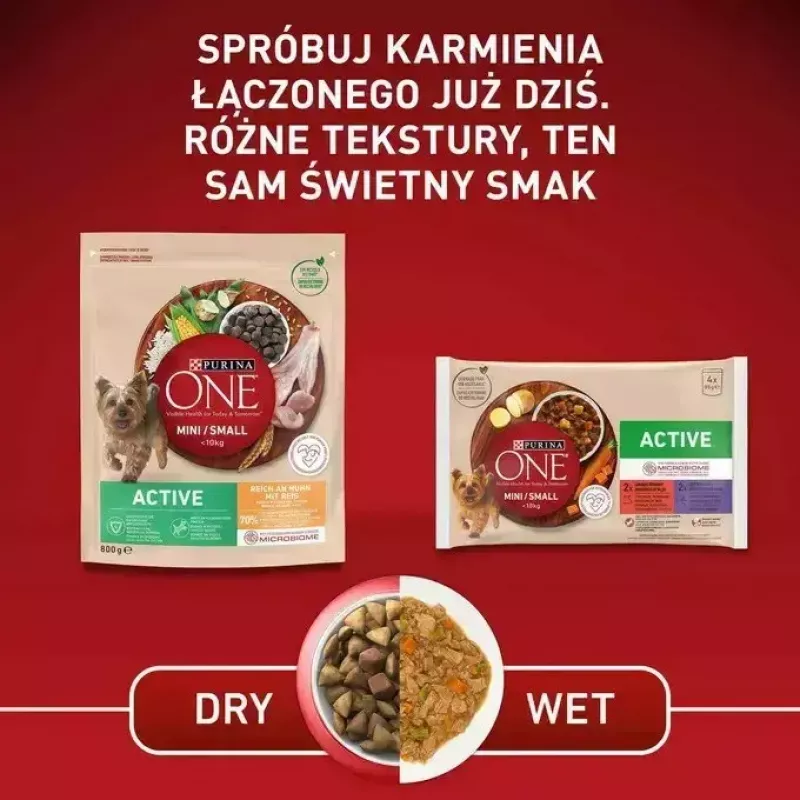 Märg koeratoit Purina Nestlé One Mini/Small Active Veiseliha 85 g — märgtoit väikest tõugu täiskasvanud koertele, 76,4% niiskust, 12,5% valku