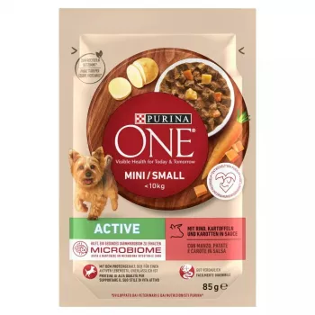 Märg koeratoit Purina Nestlé One Mini/Small Active Veiseliha 85 g — märgtoit väikest tõugu täiskasvanud koertele, 76,4% niiskust, 12,5% valku