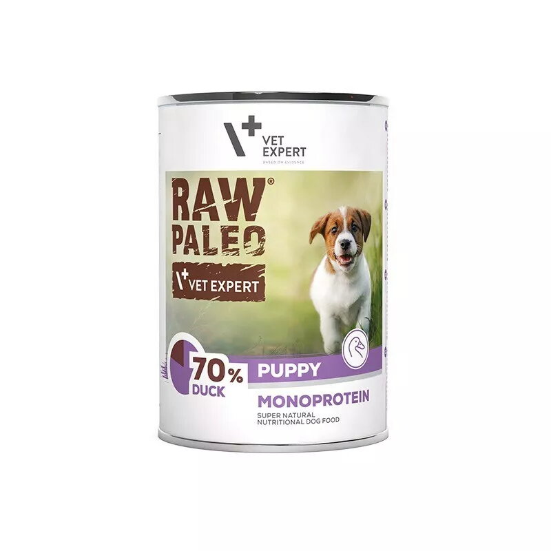 Märg koeratoit VETEXPERT RAW PALEO Puppy Monoprotein Duck 400 g, niiskus 74,8%, valk 9,6%, rasv 10,6%