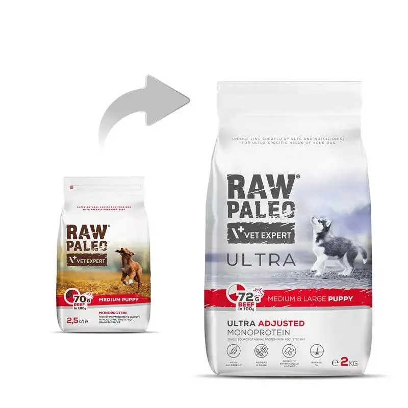 Kuiv kutsikatoit VETEXPERT RAW PALEO Ultra Medium & Large Beef 2 kg — veiseliha, valk 30,5 %, rasv 16,5 %