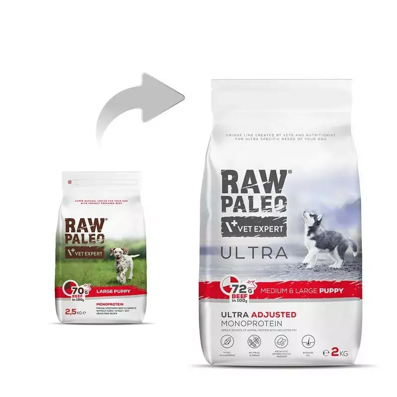 Kuiv kutsikatoit VETEXPERT RAW PALEO Ultra Medium & Large Beef 2 kg — veiseliha, valk 30,5 %, rasv 16,5 %