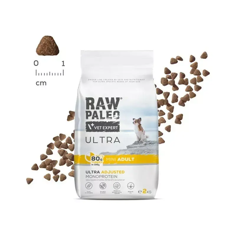 Kuiv koeratoit VETEXPERT RAW PALEO Ultra Mini Adult Turkey 2 kg — täiskuivtoit väikest tõugu täiskasvanud koertele, valk 24,5%, rasv 14%