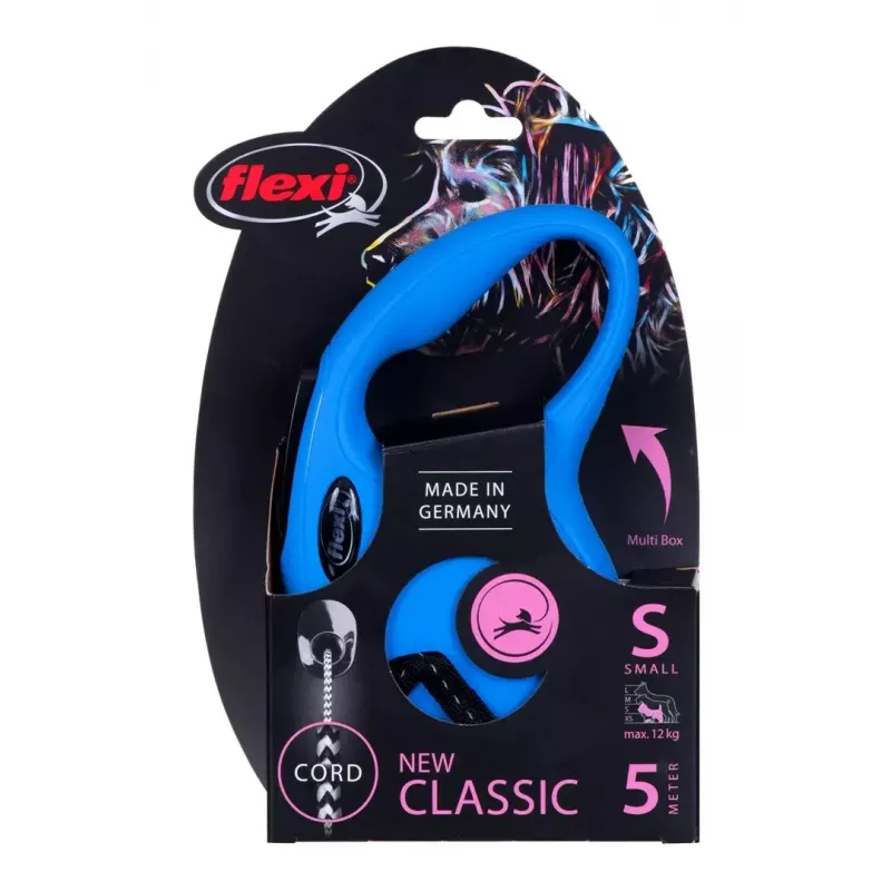 Sissetõmmatav koerarihm Flexi New Classic S — nöör, 5 m, üksikrihm, sinine, max koormus 12 kg