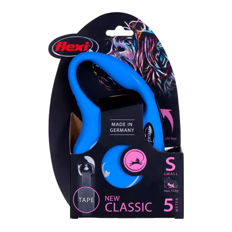 Sissetõmmatav koerarihm Flexi New Classic S, nöörrihm, 5 m pikkus, väikestele koertele 5–10 kg, max koormus 15 kg, sinine