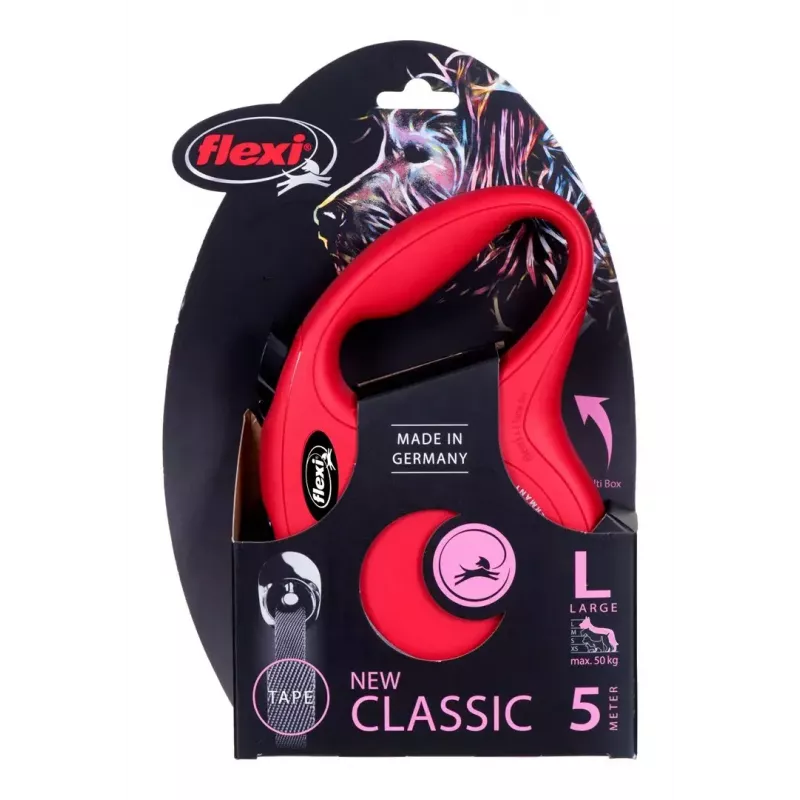 Sissetõmmatav koerarihm Flexi New Classic 5 m, must nailonlint, suurtele tõugudele kuni 50 kg
