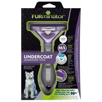 Lühikarvaliste kasside DeShedding-tööriist FURminator M/L ergonoomilise käepideme ja roostevabast terasest servaga, 270 g