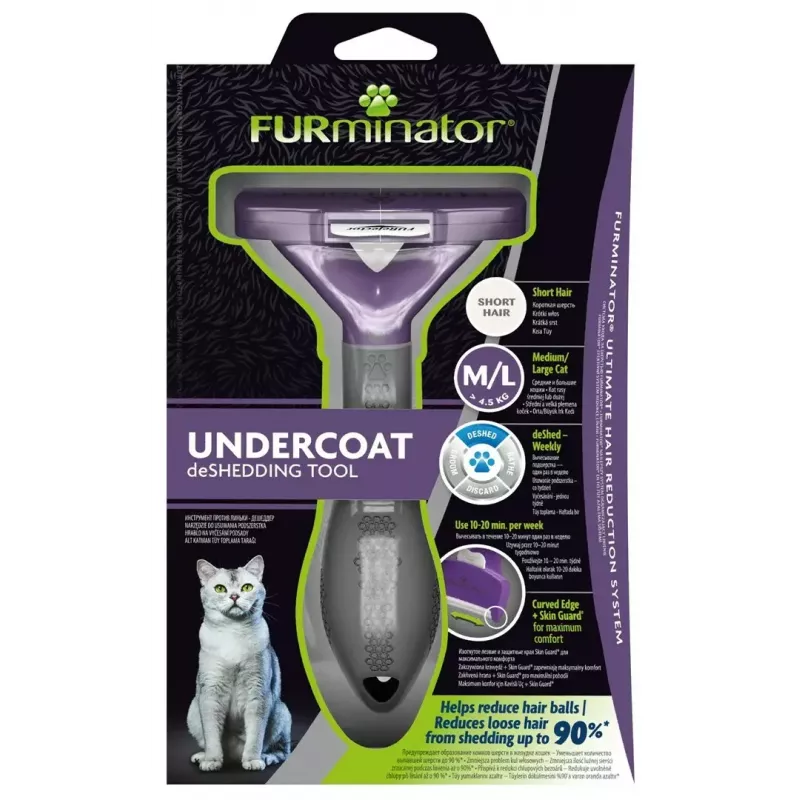 Lühikarvaliste kasside DeShedding-tööriist FURminator M/L ergonoomilise käepideme ja roostevabast terasest servaga, 270 g