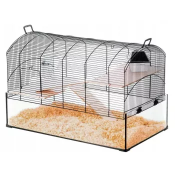 Puuri ZOLUX NeoPanas XL klaaspuuri närilistele, must, mõõtmetega 710×410×490 mm, klaasaluse kõrgus 180 mm, sisaldab 2 riiulit, 2 platvormi, kaussi, maja, rulli