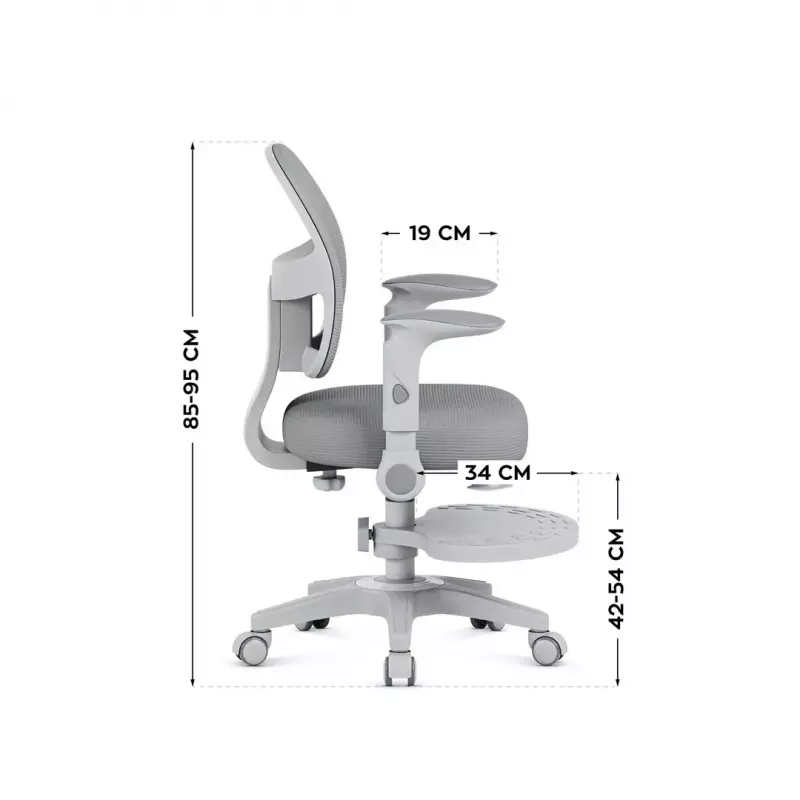 Pöördtool mark adler Junior 5.0 — ergonoomiline võrk seljatugi, vahtpolsterdatud iste, reguleeritav kõrgus 42–54 cm, hall