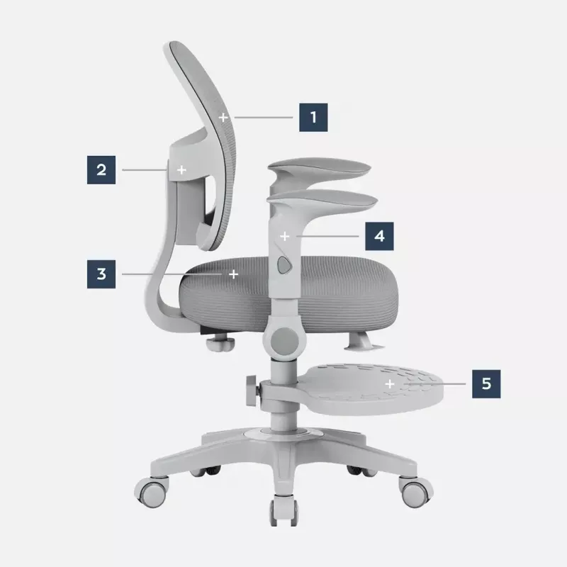 Pöördtool mark adler Junior 5.0 — ergonoomiline võrk seljatugi, vahtpolsterdatud iste, reguleeritav kõrgus 42–54 cm, hall