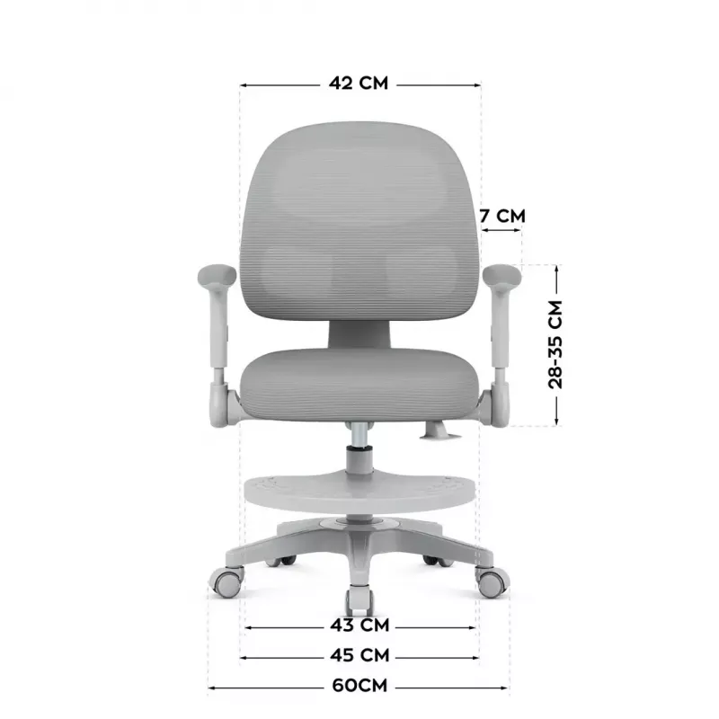 Pöördtool mark adler Junior 5.0 — ergonoomiline võrk seljatugi, vahtpolsterdatud iste, reguleeritav kõrgus 42–54 cm, hall