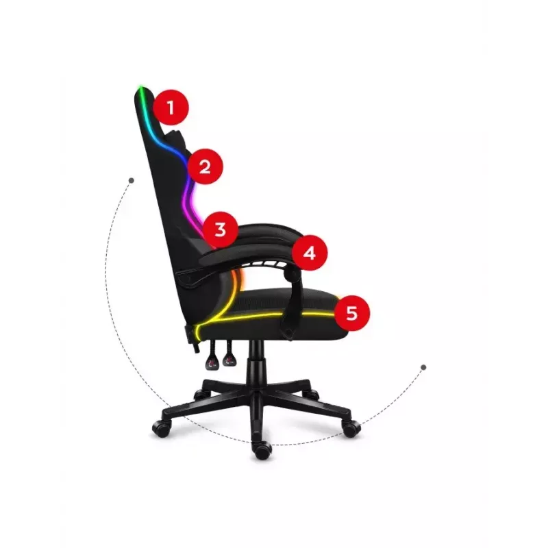 Mängutool Huzaro FORCE 4.4 RGB must — kangast polsterdatud istmekauss, max 130 kg, reguleeritav seljatugi, kõrgus 115–125 cm, RGB-valgustus