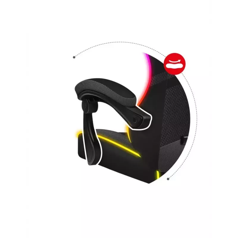 Mängutool Huzaro FORCE 4.4 RGB must — kangast polsterdatud istmekauss, max 130 kg, reguleeritav seljatugi, kõrgus 115–125 cm, RGB-valgustus