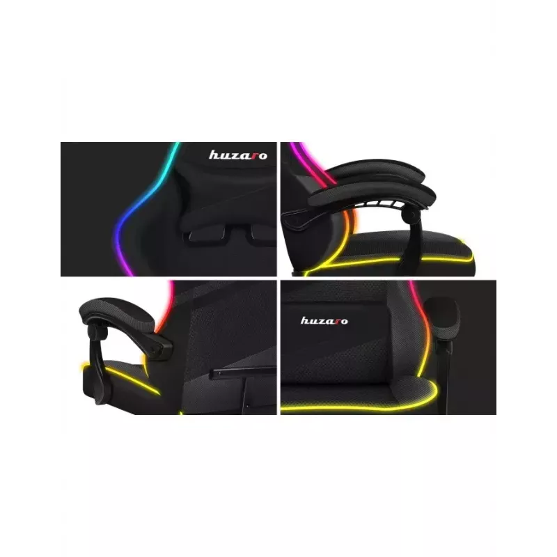 Mängutool Huzaro FORCE 4.4 RGB must — kangast polsterdatud istmekauss, max 130 kg, reguleeritav seljatugi, kõrgus 115–125 cm, RGB-valgustus