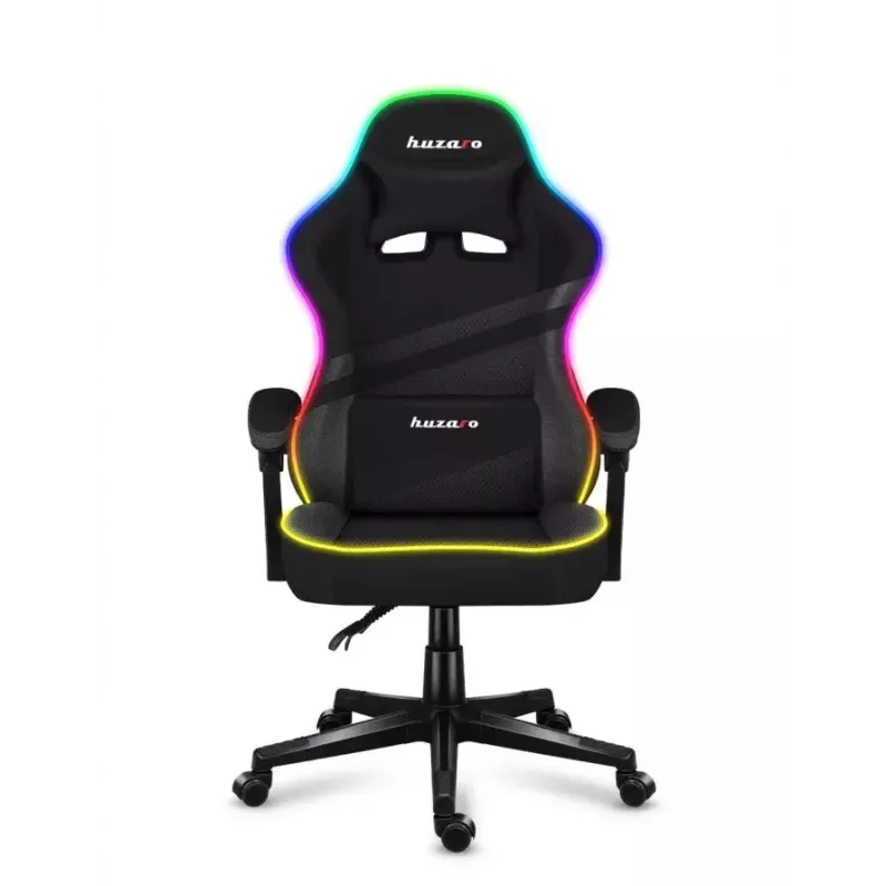 Mängutool Huzaro FORCE 4.4 RGB must — kangast polsterdatud istmekauss, max 130 kg, reguleeritav seljatugi, kõrgus 115–125 cm, RGB-valgustus