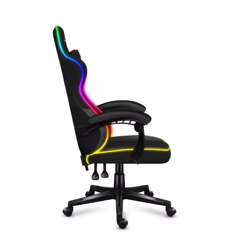 Mängutool Huzaro FORCE 4.4 RGB must — kangast polsterdatud istmekauss, max 130 kg, reguleeritav seljatugi, kõrgus 115–125 cm, RGB-valgustus