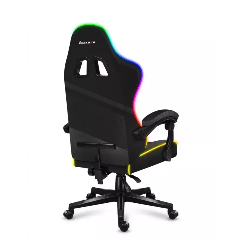 Mängutool Huzaro FORCE 4.4 RGB must — kangast polsterdatud istmekauss, max 130 kg, reguleeritav seljatugi, kõrgus 115–125 cm, RGB-valgustus