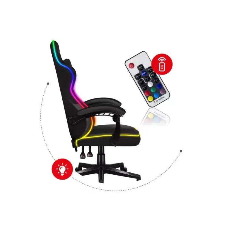 Mängutool Huzaro FORCE 4.4 RGB must — kangast polsterdatud istmekauss, max 130 kg, reguleeritav seljatugi, kõrgus 115–125 cm, RGB-valgustus