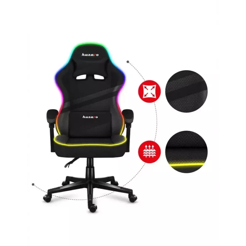 Mängutool Huzaro FORCE 4.4 RGB must — kangast polsterdatud istmekauss, max 130 kg, reguleeritav seljatugi, kõrgus 115–125 cm, RGB-valgustus
