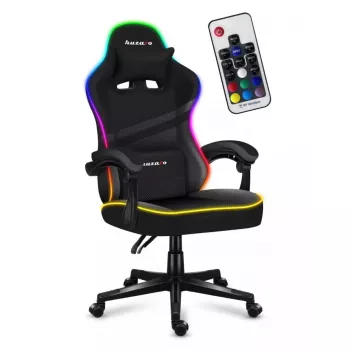 Mängutool Huzaro FORCE 4.4 RGB must — kangast polsterdatud istmekauss, max 130 kg, reguleeritav seljatugi, kõrgus 115–125 cm, RGB-valgustus