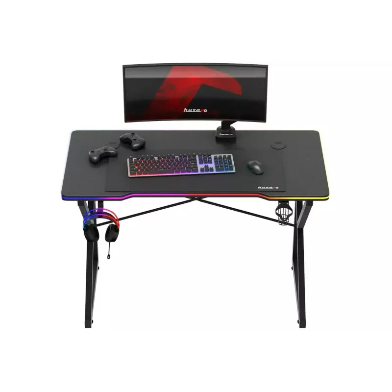 Mängulaud Huzaro Hero 1.7 RGB Must — sirge ergonoomiline laud 1200x600 mm, 750 mm kõrgus, LED, topsihoidja, kõrvaklappide konks