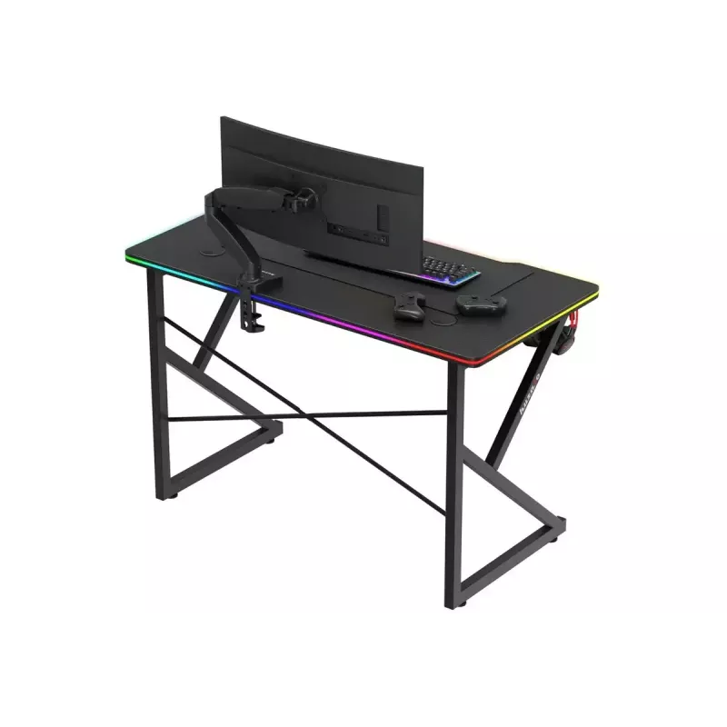 Mängulaud Huzaro Hero 1.7 RGB Must — sirge ergonoomiline laud 1200x600 mm, 750 mm kõrgus, LED, topsihoidja, kõrvaklappide konks