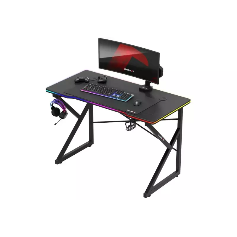 Mängulaud Huzaro Hero 1.7 RGB Must — sirge ergonoomiline laud 1200x600 mm, 750 mm kõrgus, LED, topsihoidja, kõrvaklappide konks