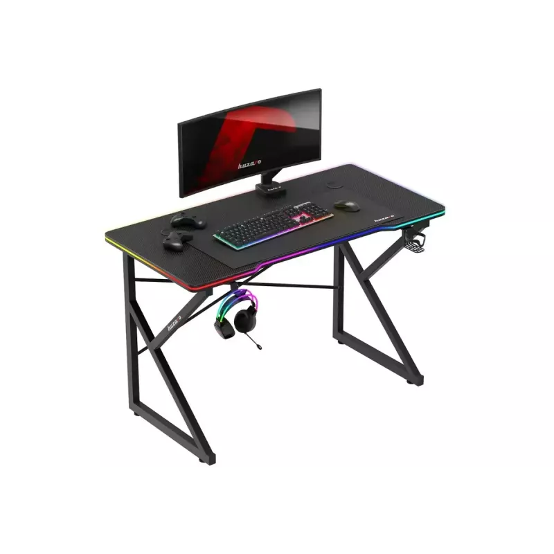 Mängulaud Huzaro Hero 1.7 RGB Must — sirge ergonoomiline laud 1200x600 mm, 750 mm kõrgus, LED, topsihoidja, kõrvaklappide konks
