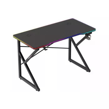 Mängulaud Huzaro Hero 1.7 RGB Must — sirge ergonoomiline laud 1200x600 mm, 750 mm kõrgus, LED, topsihoidja, kõrvaklappide konks
