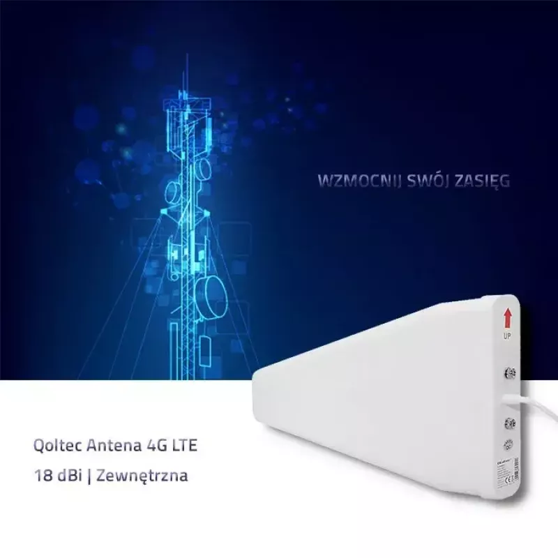 Väline 4G LTE antenn QOLTEC 57021 — 18 dBi võimendus, 600–2700 MHz, 50 Ω, 50 W, valge plastkorpus