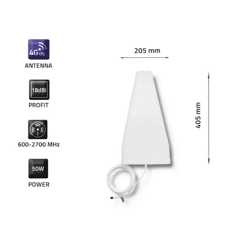 Väline 4G LTE antenn QOLTEC 57021 — 18 dBi võimendus, 600–2700 MHz, 50 Ω, 50 W, valge plastkorpus