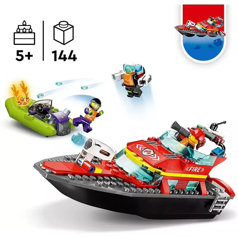 LEGO mängukomplekt Tuletõrjepaat 60373 — City seeria, 144 tk, 3 minifiguuri, vanusele 5+, mõõdud 80×230×70 mm